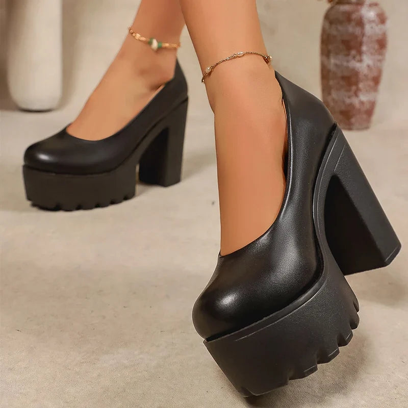 2026 Fashion Chunky Platform Pumps Women Black Super High Heels Pu Leather Loafers Woman Plus Size 43 Office High Heel Shoes