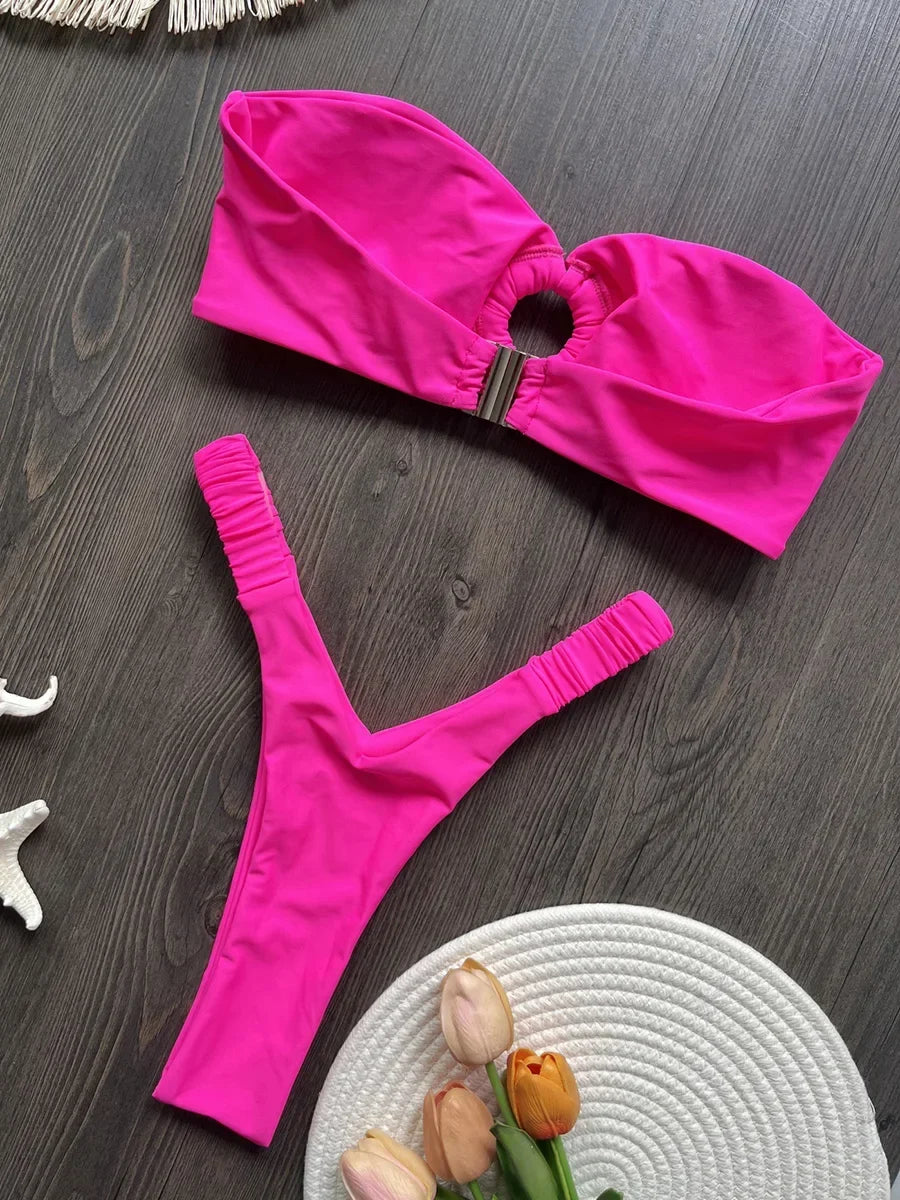 Wrinkled Bandeau High Cut Mini Thong Bikini Female Swimsuit Women Swimwear Two-pieces Bikini Set Bather Bathing Suit Swim Lady