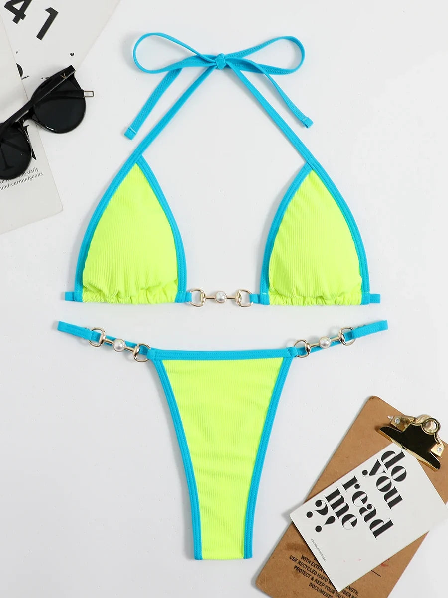Pearl Thong Bikinis 2025 Women Sexy Triangle Swimsuit Solid Brazil Swimwear Female Padded Bathing Swimming Suit Beachwear Summer
