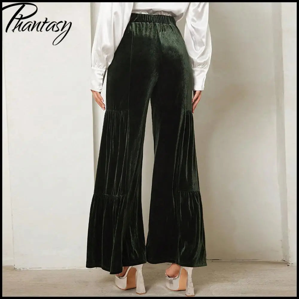 Autumn Winter Velvet Wide-Leg Pants Elegant Ruffled High-Waisted Straight-Leg Pants for Lady Casual Commuter Loose-Fit Trousers