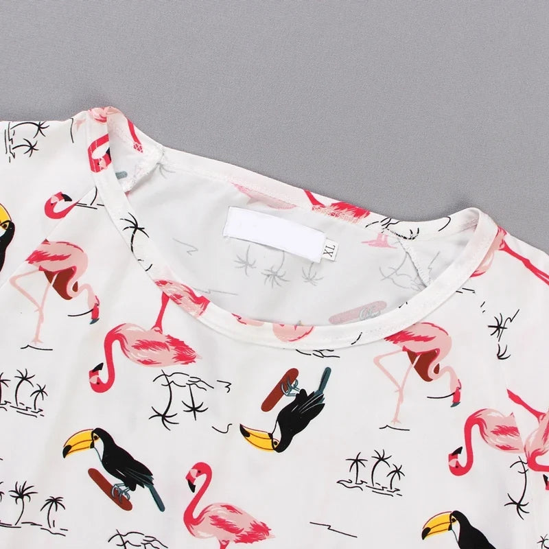 Casual Flamingo Print Pajama Set For Women Short-Sleeve Round Neck Top And Shorts Trendy Sleepwear Nightwear Can Be Worn Outside