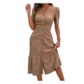 Women's Button Down Ruched Long Dress Summer Beach A-Line Swing Sundress Casual Short Sleeve V-Neck Maxi Dress