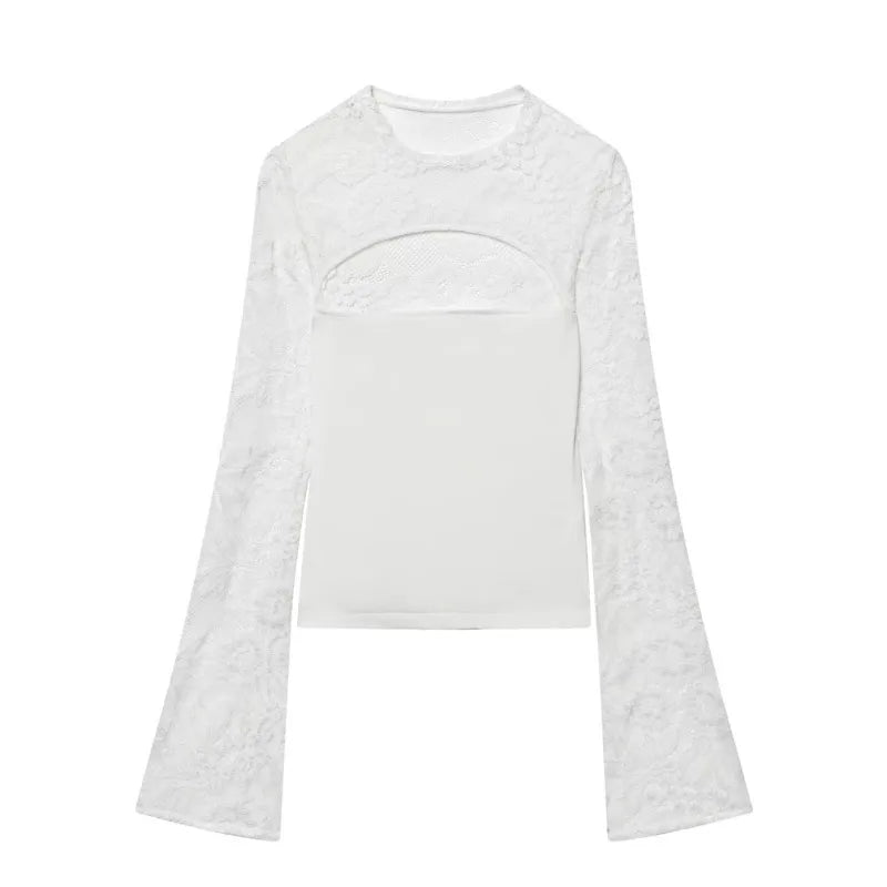 Women's Fashion Casual Lace Patchwork Hollow Bell Sleeve Blouse Women Pack Lace Sleeve Tops Black White Sheer Mesh Casual DOS5