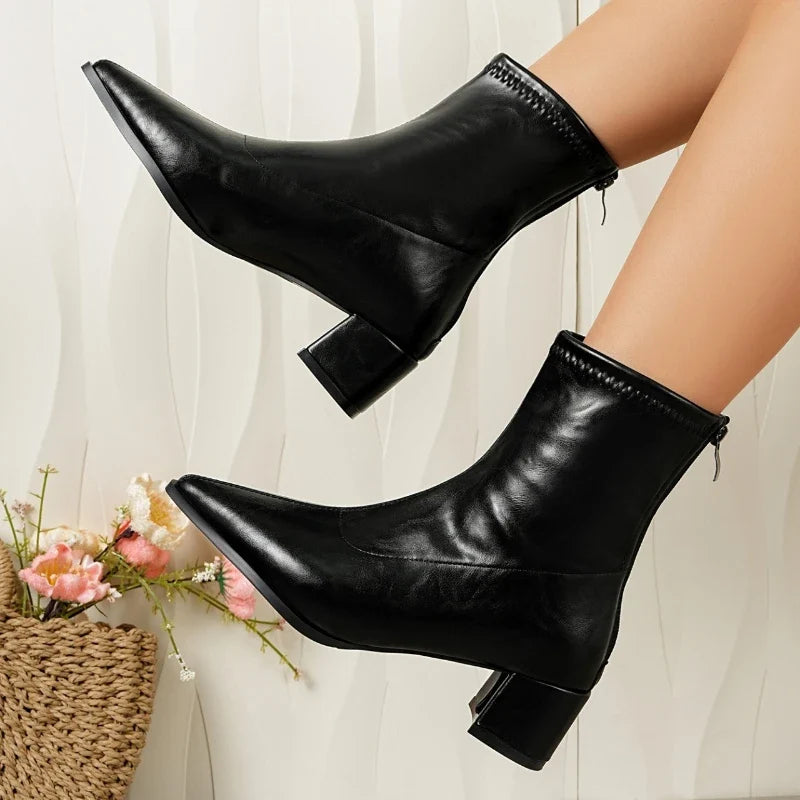 2026 New Vintage Thick Heels Women Slim Ankle Boots Autumn Winter Pointed Toe Stripper Party Short Booties Zapatos De Mujer