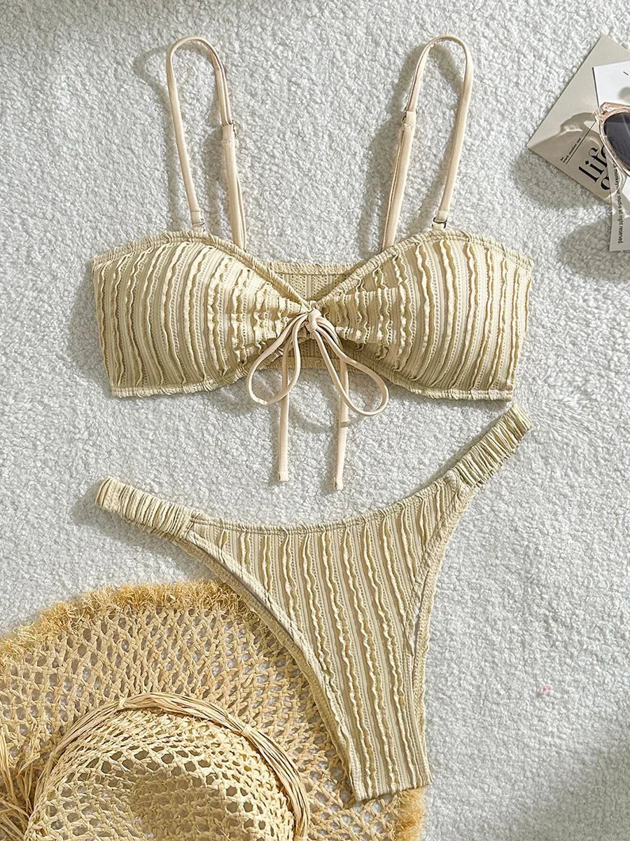 Wrinkled Crinkled Tie Knotted Bikini Women Swimwear Female Swimsuit Two-pieces Bikini Set Brazilian Bathing Suit Swim Beach Wear