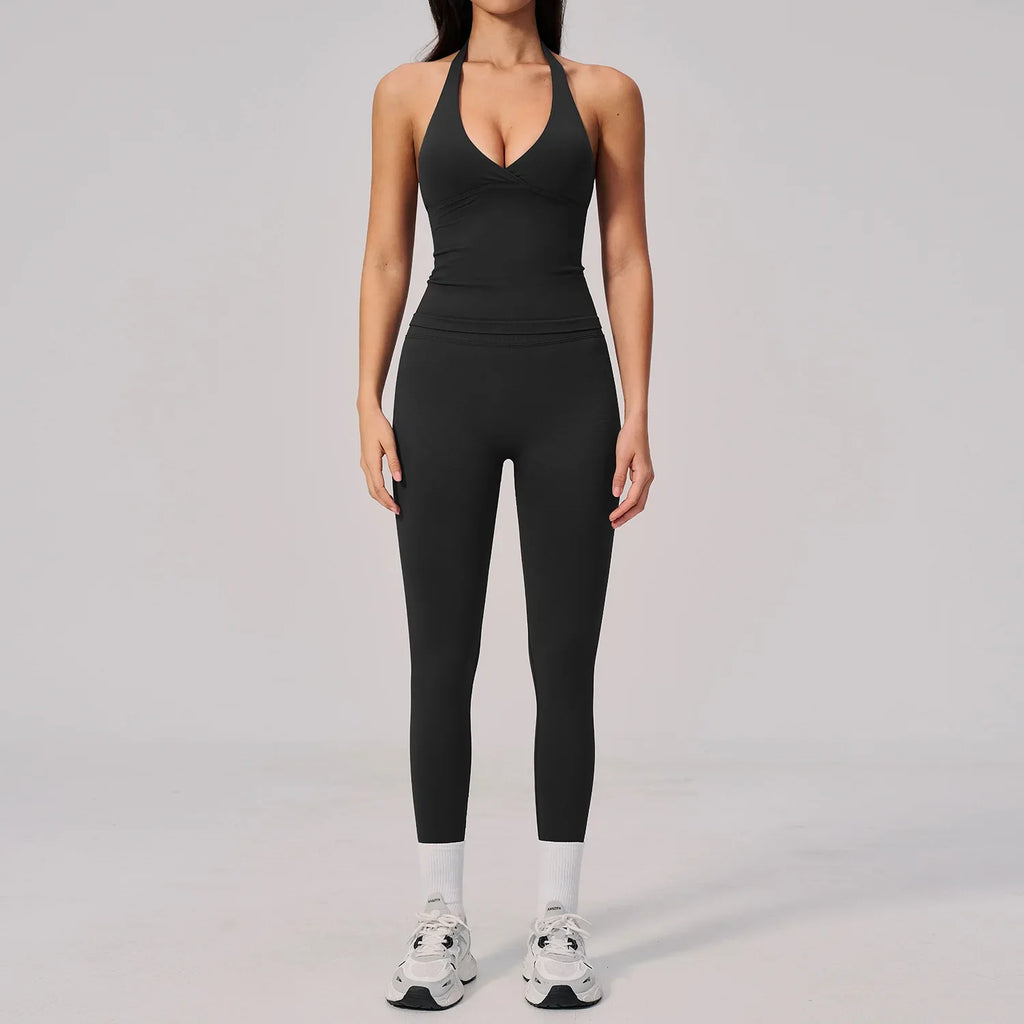 Summer Seamless Yoga Sets Women V Neck Slim Sports Tank Top Fitness Suit Peach Hip High Elasticity Leggings Running Tracksuit
