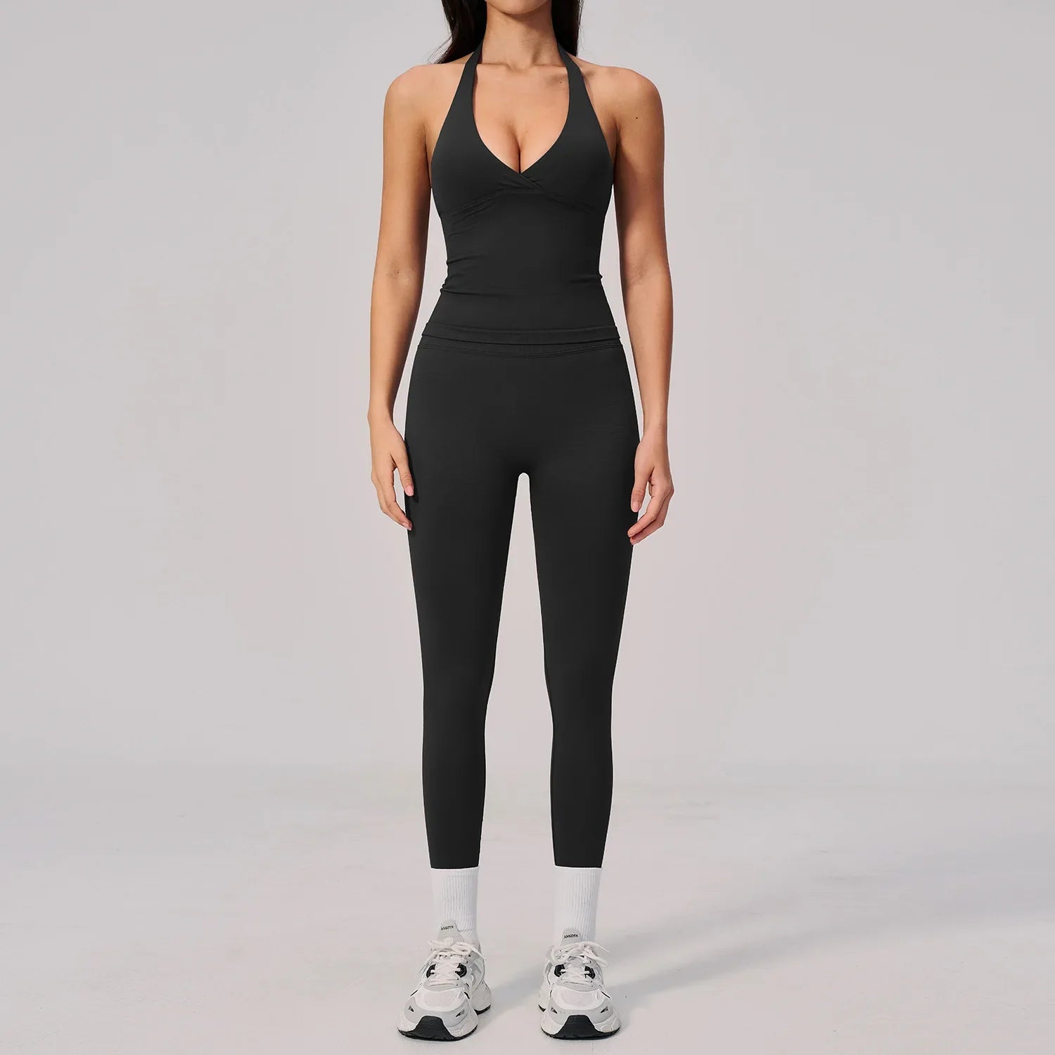 Summer Seamless Yoga Sets Women V Neck Slim Sports Tank Top Fitness Suit Peach Hip High Elasticity Leggings Running Tracksuit