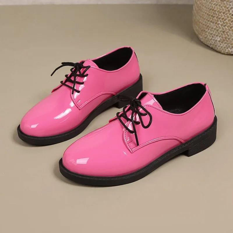 British Style Versatile Lace-Up Patent Leather Women's Single Shoes round Toe Flat Heel Summer Pure Color Adult Footwear