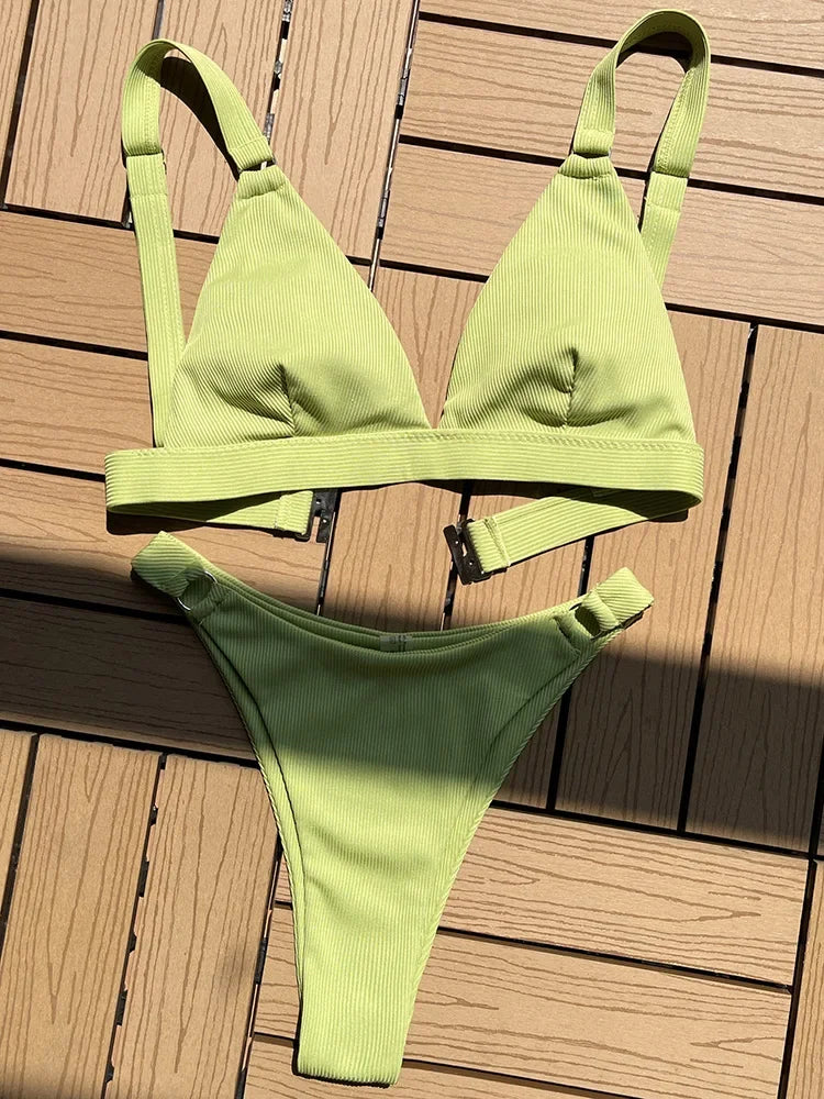 Ribbed Triangle High Cut Bikini Women Swimsuit Female Thong Swimwear Two Pieces Bikini Set Rings Bather Bathing Suit Swim Lady