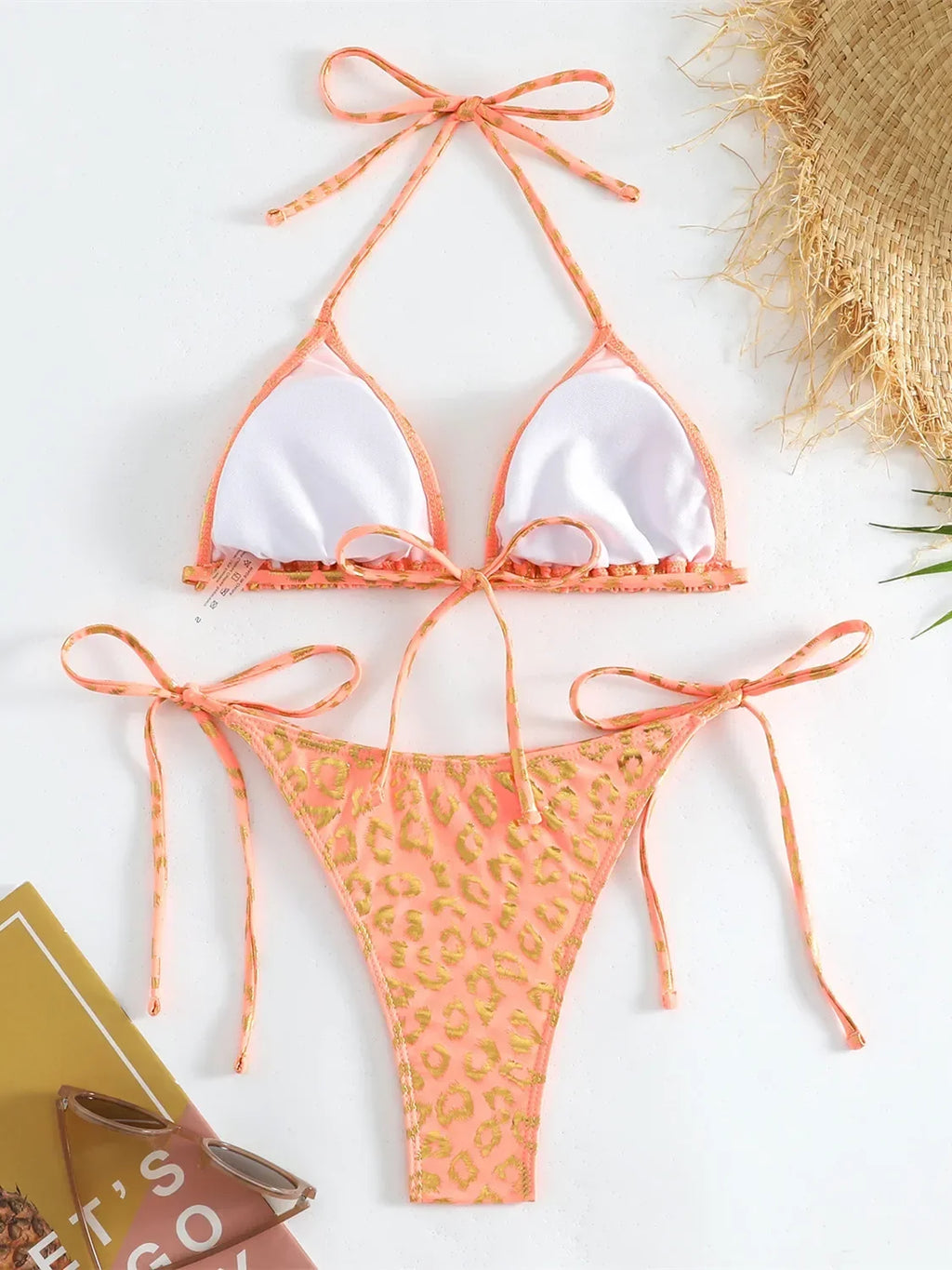 Sexy Orange Leopard Print Bikini Set 2024 Women Halter Push Up Bra Tie Side Thong Swimsuit Summer Backless Bathing Suit Swimwear