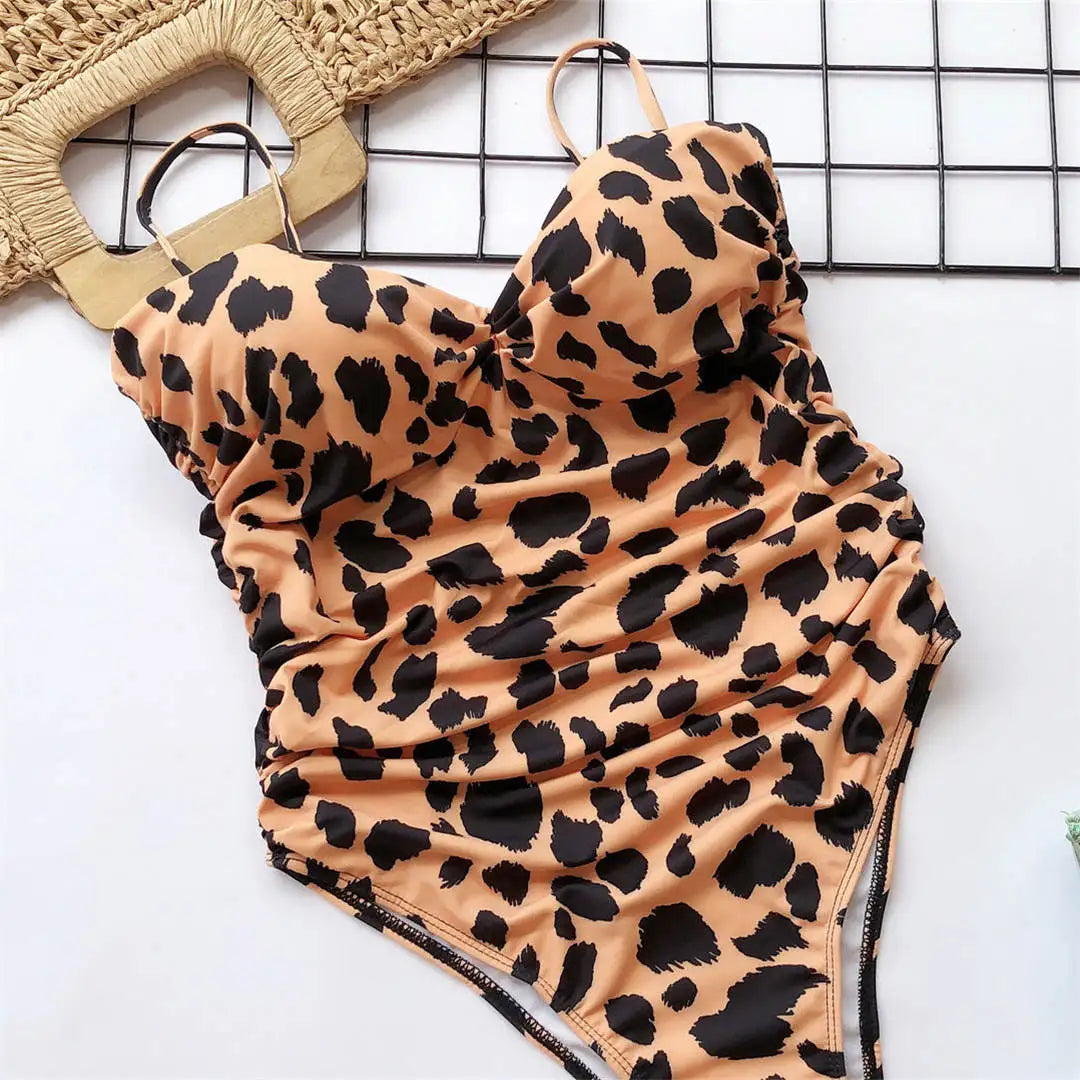 New Sexy High Cut Leopard Push Up Bra Cup One Piece Swimsuit Female Swimwear Women Bather Bandeau Bathing Suit Swim Lady V1654