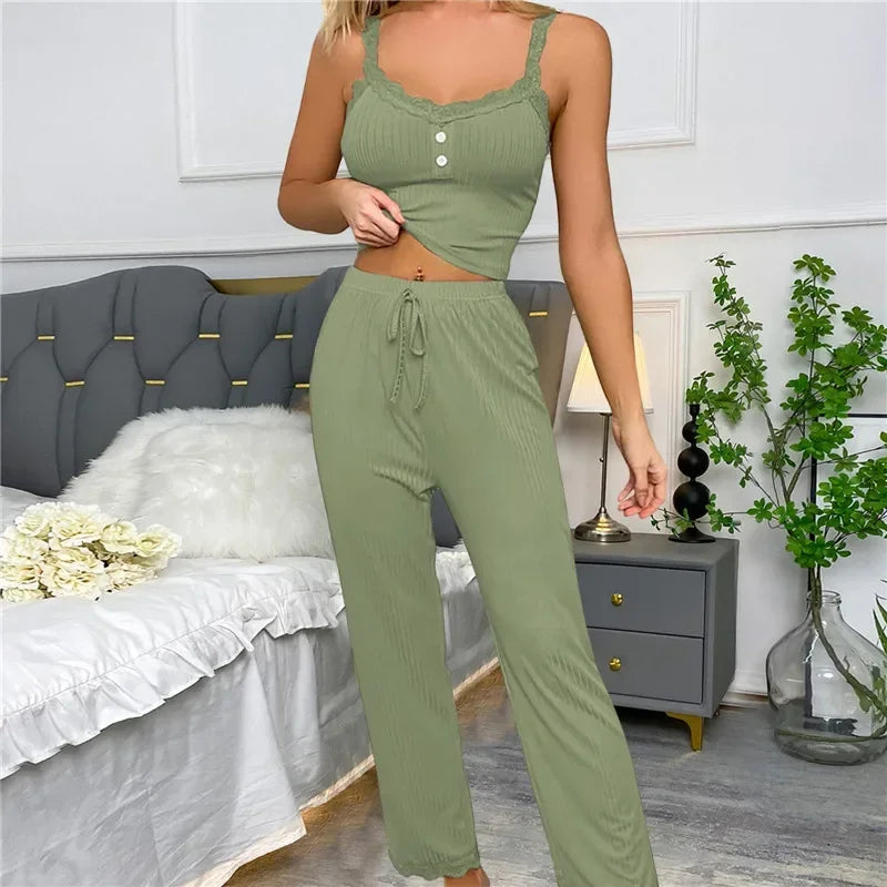Women Sleepwear Lace Suspenders Tops and Long Trousers Set Two Pieces Pajamas Set Comfortable Loungewear Home Clothes