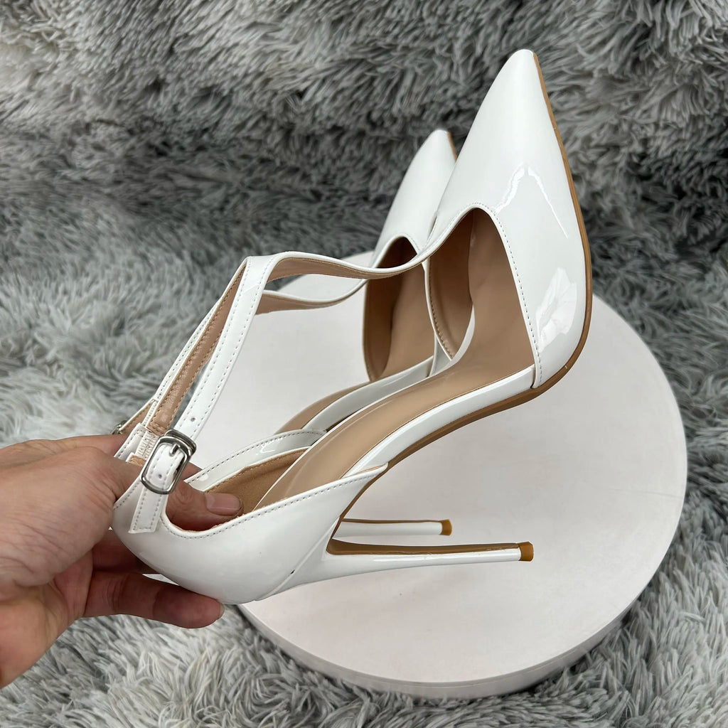 Bright white Cover Pointed Toe Sexy Woman Shoes Thin Super High Heel T-strap Grace Lady Pumps Breathable Summer Shallow Slip-on