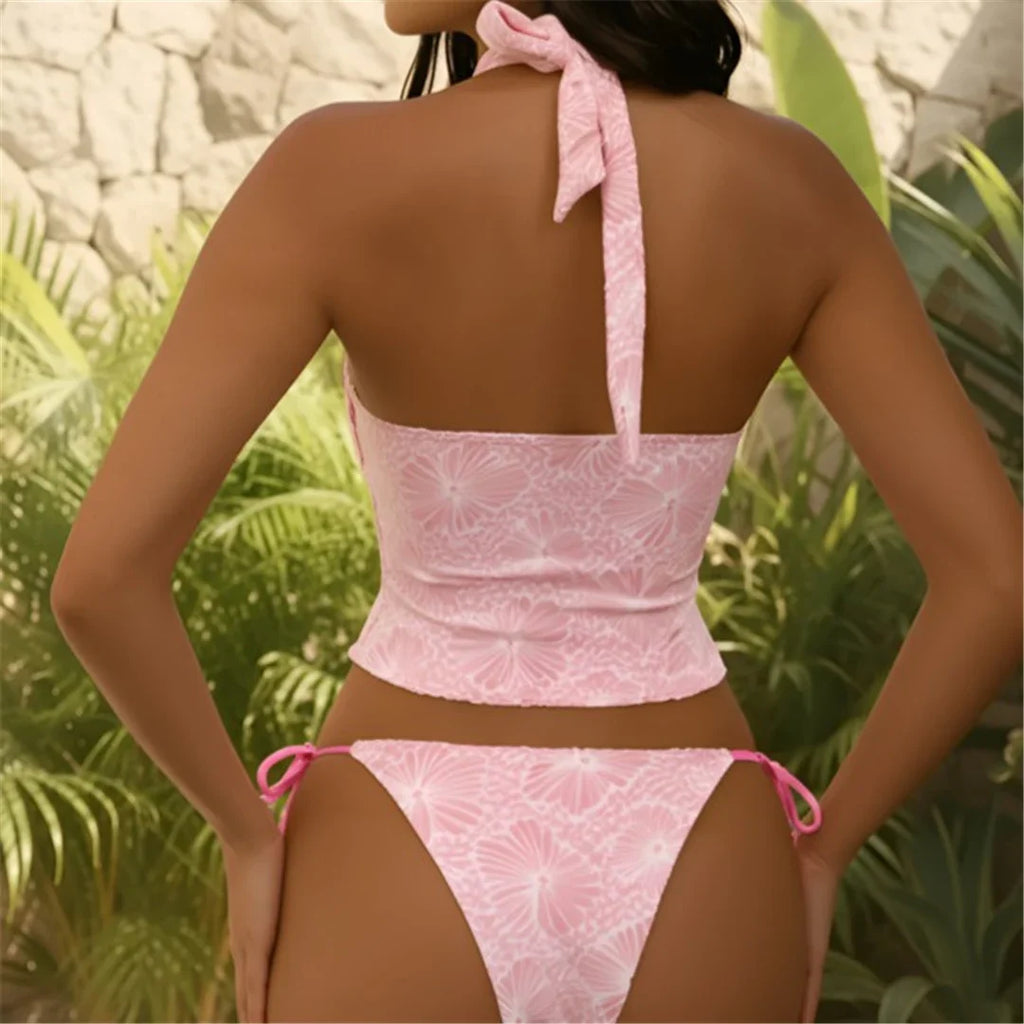S - XL Flower Printed V Neck Halter Bikini Female Swimsuit Women Swimwear Bather Bathing Suit Swim Two-pieces Bikini set K8125