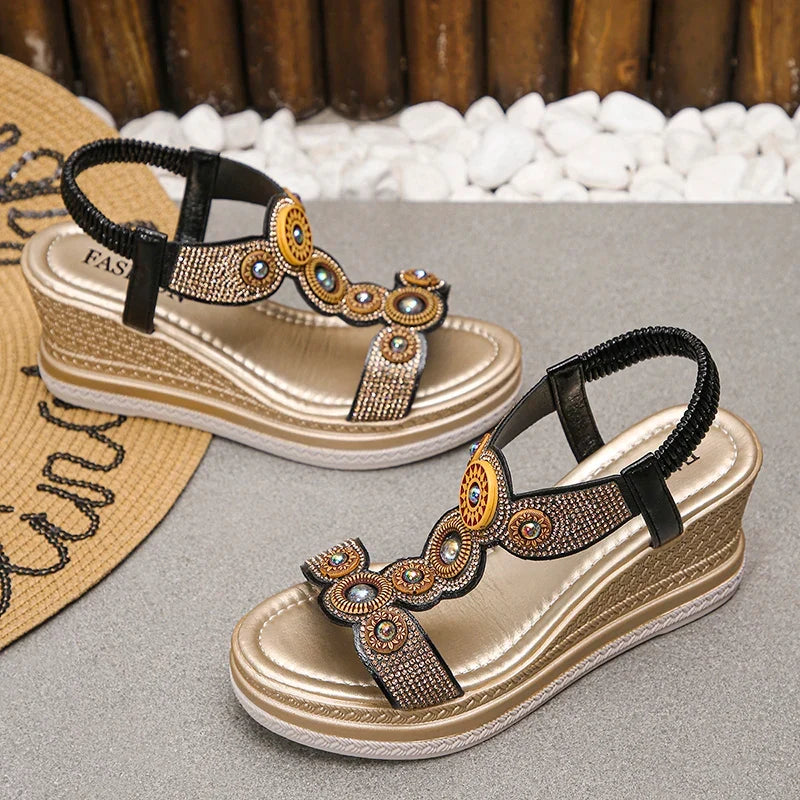 Fashion Crystals Wedges Heel Sandals Women Summer Chunky Platform Bohemian Sandalias Mujer Slip On High Heels Sandles Female 43