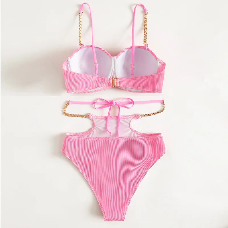 Sexy Push Up Underwire One Piece Swimsuit Women Solid Pink Metal Chain Hollow Out Ribbed Bathing Suit Backless Swimwear Monokini