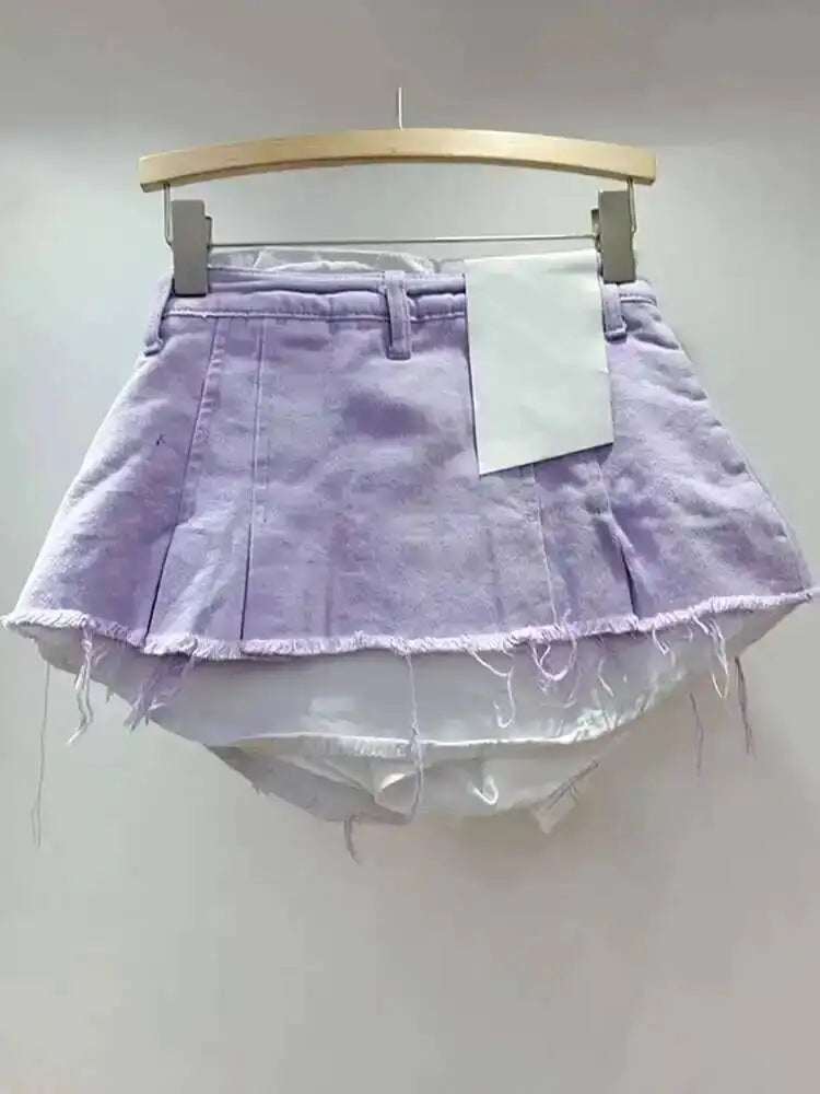 Women's Denim Skirt High Waist Pleated Patchwork Contrast Color Big Pockets Burrs A-line Mini Skirt 2026 Summer New SKIRTS 7W7E