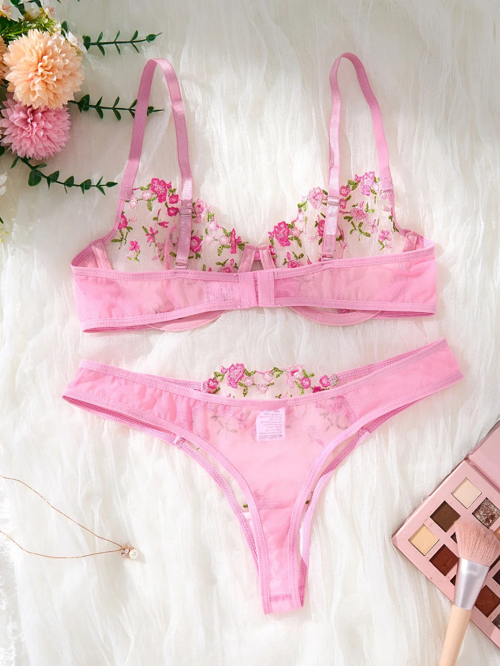 Sweet pink floral embroidered sheer lingerie set - French romantic mesh bra and panties set for date or casual wear ZA824026