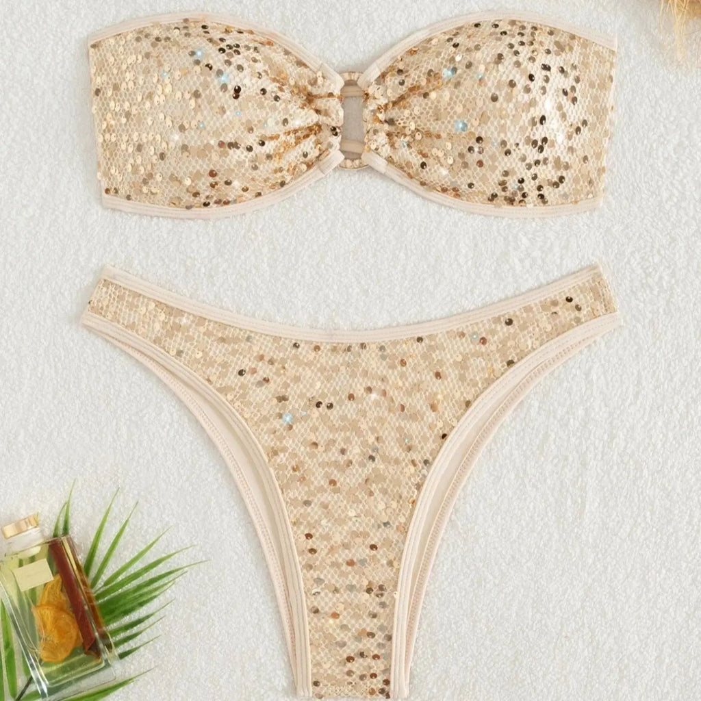 DEKA Gold Shiny Bandeau Bikini Set 2025 Women Sequin Front Ring Push Up Micro Swimsuit Summer Bathing Suit Thong Swimwear Biquin