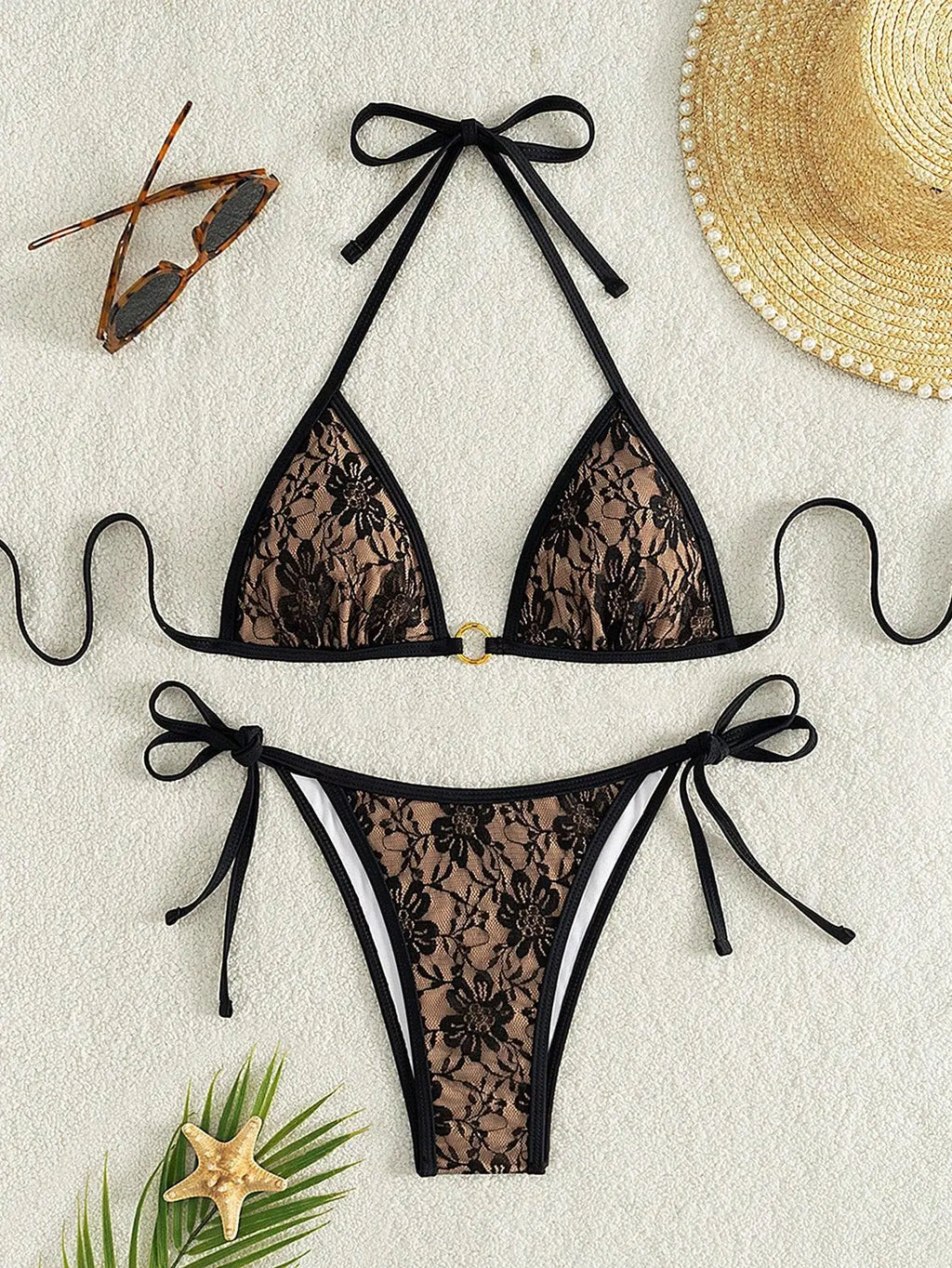 Embroidery Mesh Lace Halter Bikini Female Swimsuit Women Swimwear Two-pieces Bikini Set High Cut Bathing Suit Swim Beach Wear