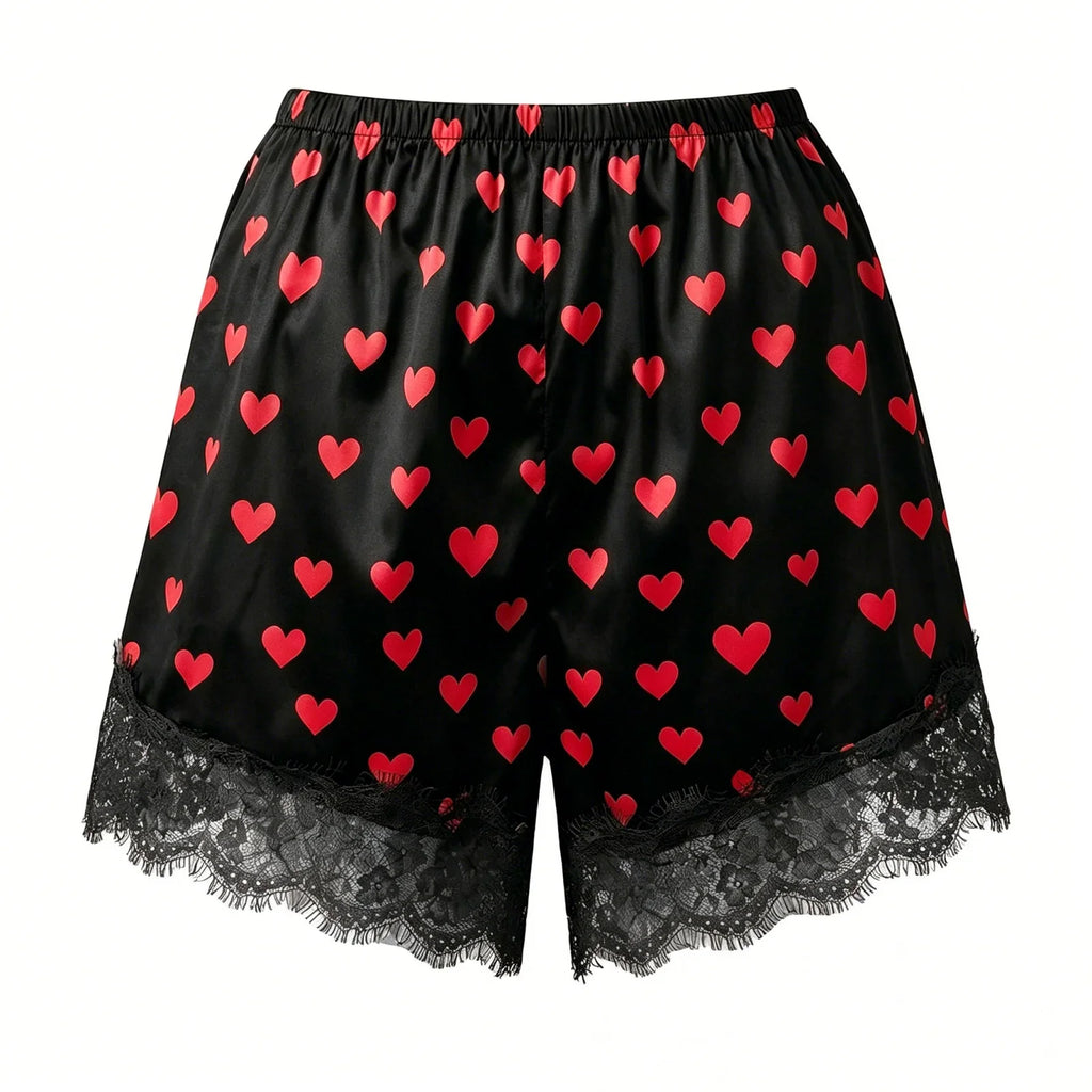 Summer Women’s Satin Lace Hem Shorts Elastic Waist Loose Fit Wide Leg Short Pants Casual Lounge Bottoms Solid Color