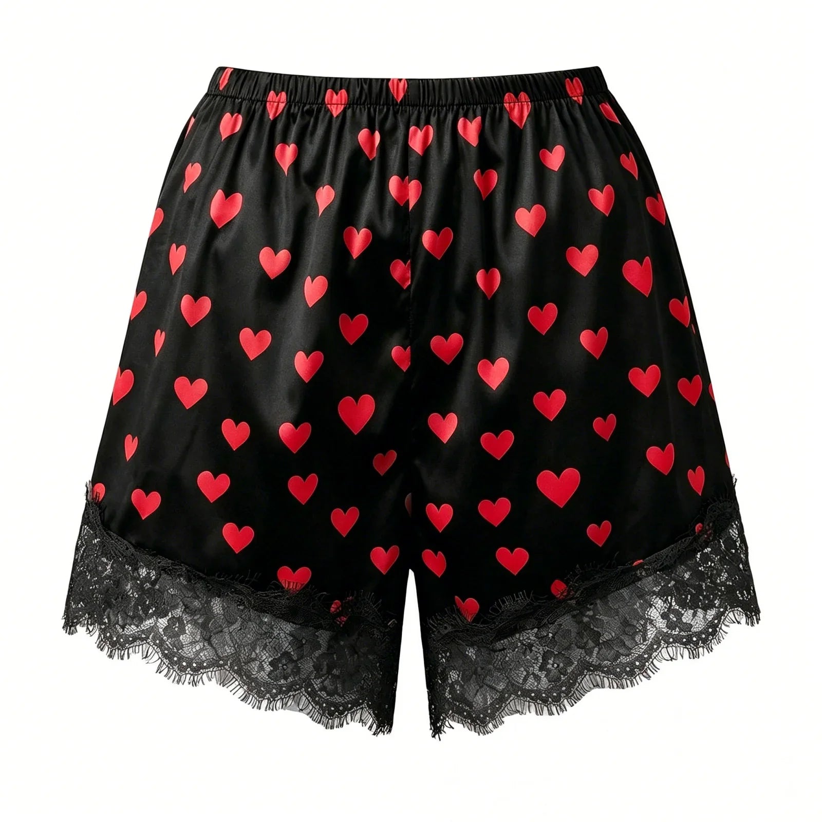 Summer Women’s Satin Lace Hem Shorts Elastic Waist Loose Fit Wide Leg Short Pants Casual Lounge Bottoms Solid Color
