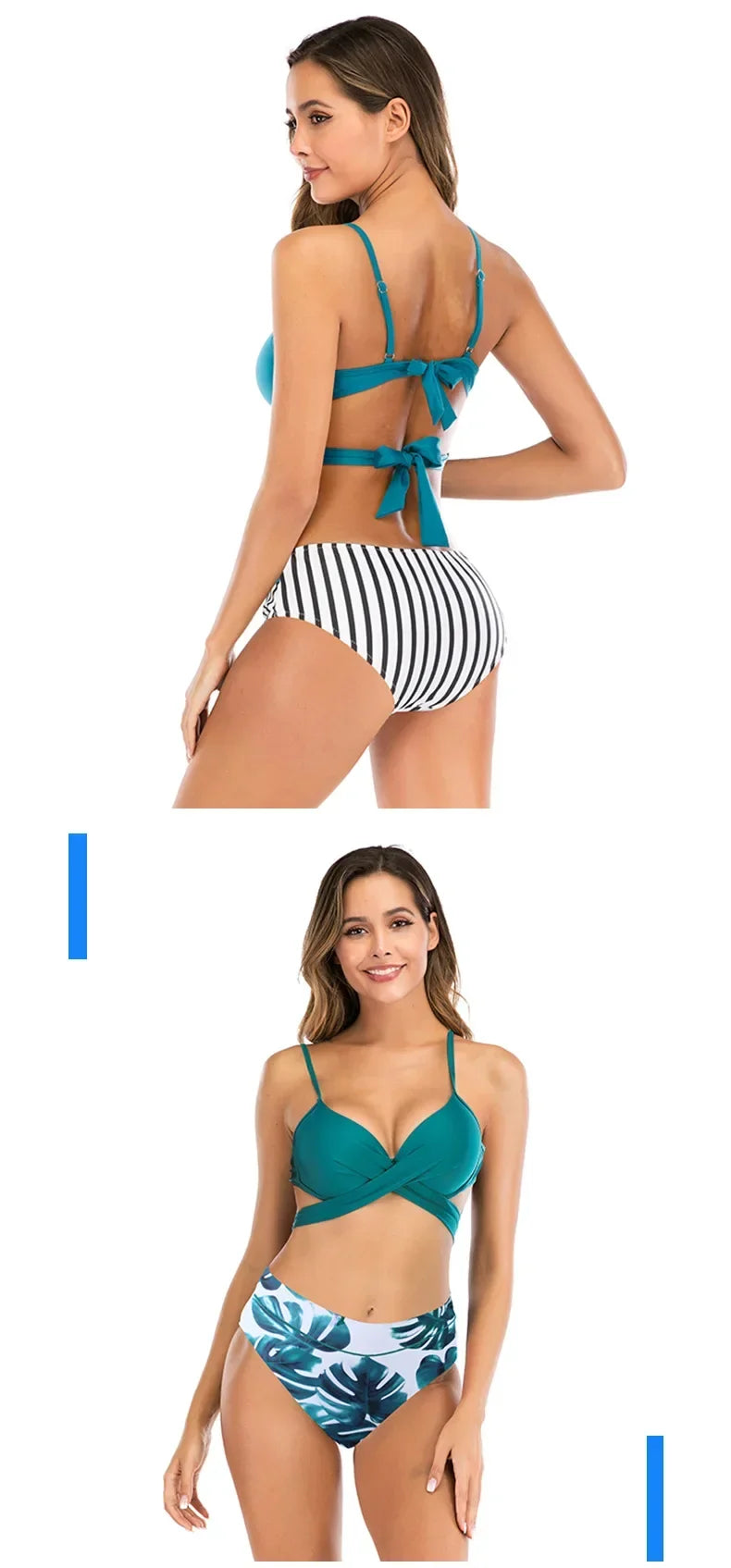 3 Colors Sexy Bikini Women Push Up Swimwear Swimsuit Striped Leaves Print Cross Straps Bowknot Backless High Waist Bikinis Set
