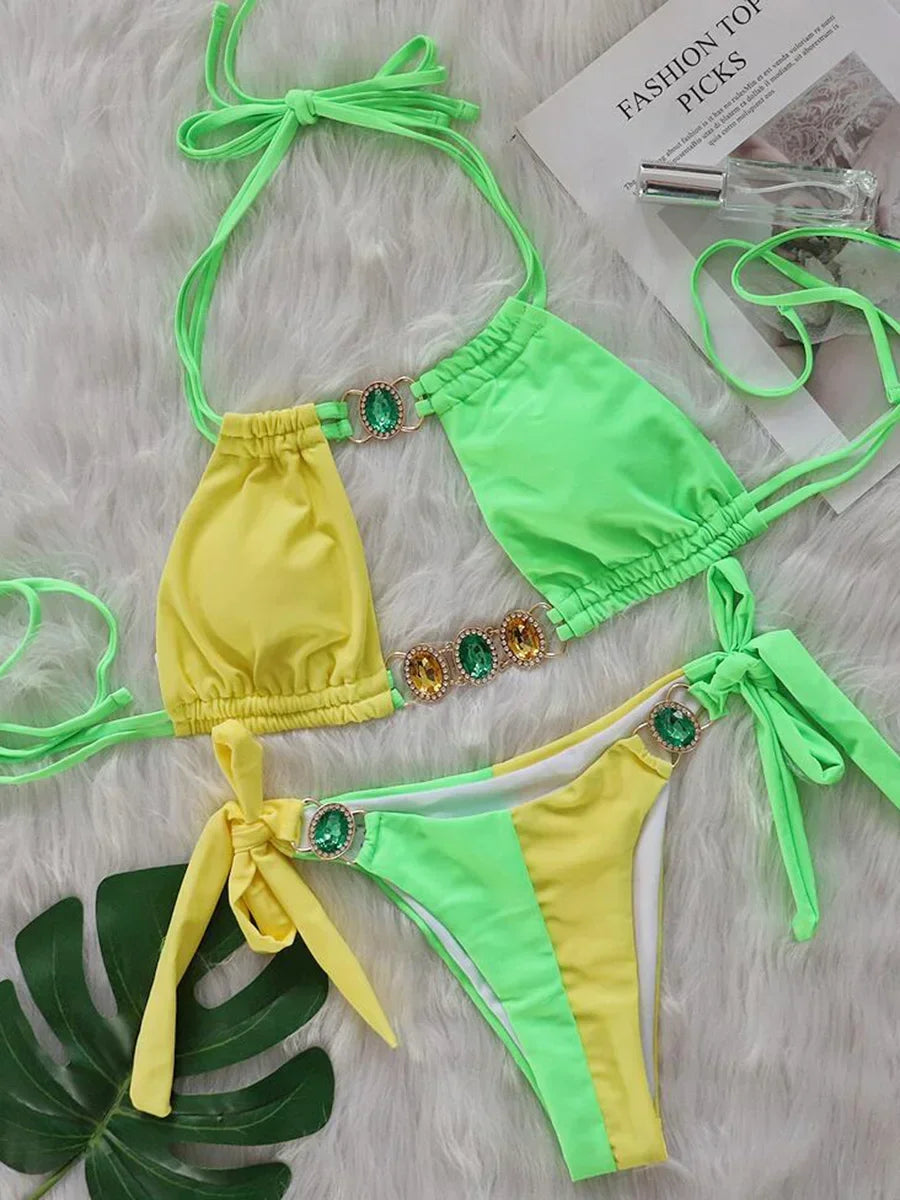 2026 Splicing Halter Diamond Bikini Women Swimsuit Female Swimwear Two Pieces Bikini Set Hollow Out Bathing Suit Swim Beach Wear