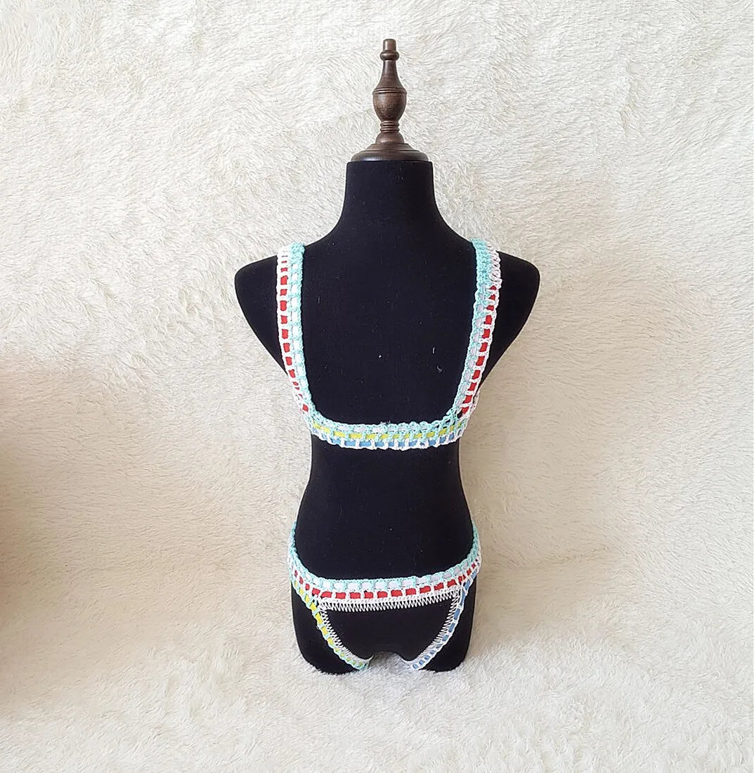 Bikini Crochet 2026 Handmade Knit Patchwork Reversible 2 Piece Swimsuit Women Halter Top Brazilian Bathing Suit Thong Swimwear