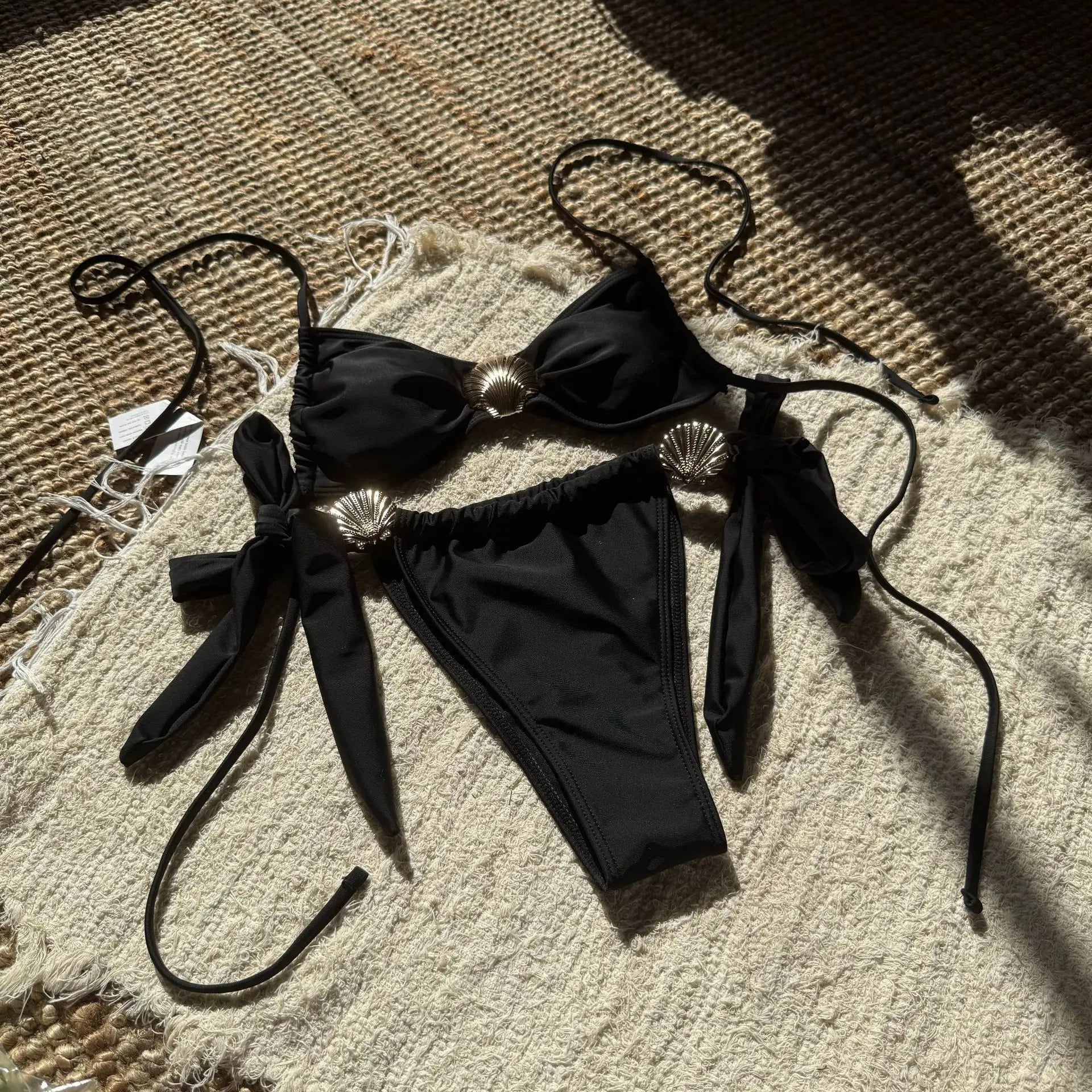 Metal Shell Halter Strappy High Cut Bikini Female Swimsuit Women Swimwear Two-pieces Bikini Set Bather Bathing Suit Swim Lady