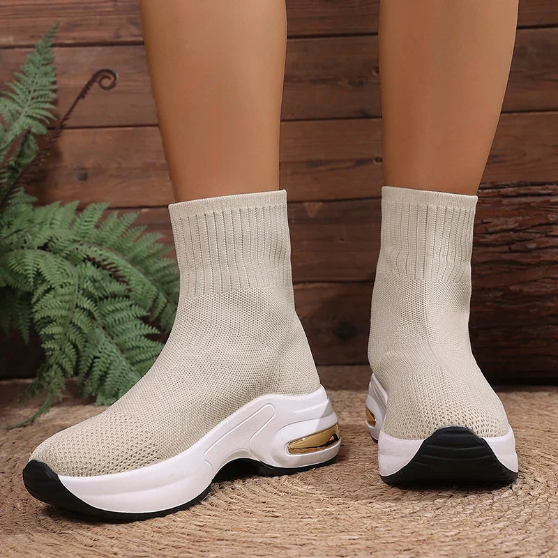 2025 Thick Bottom Knitted Ankle Boots Women Comfort Breathable Platform Sock Shoes Woman Plus Size Wedges Short Booties Mujer