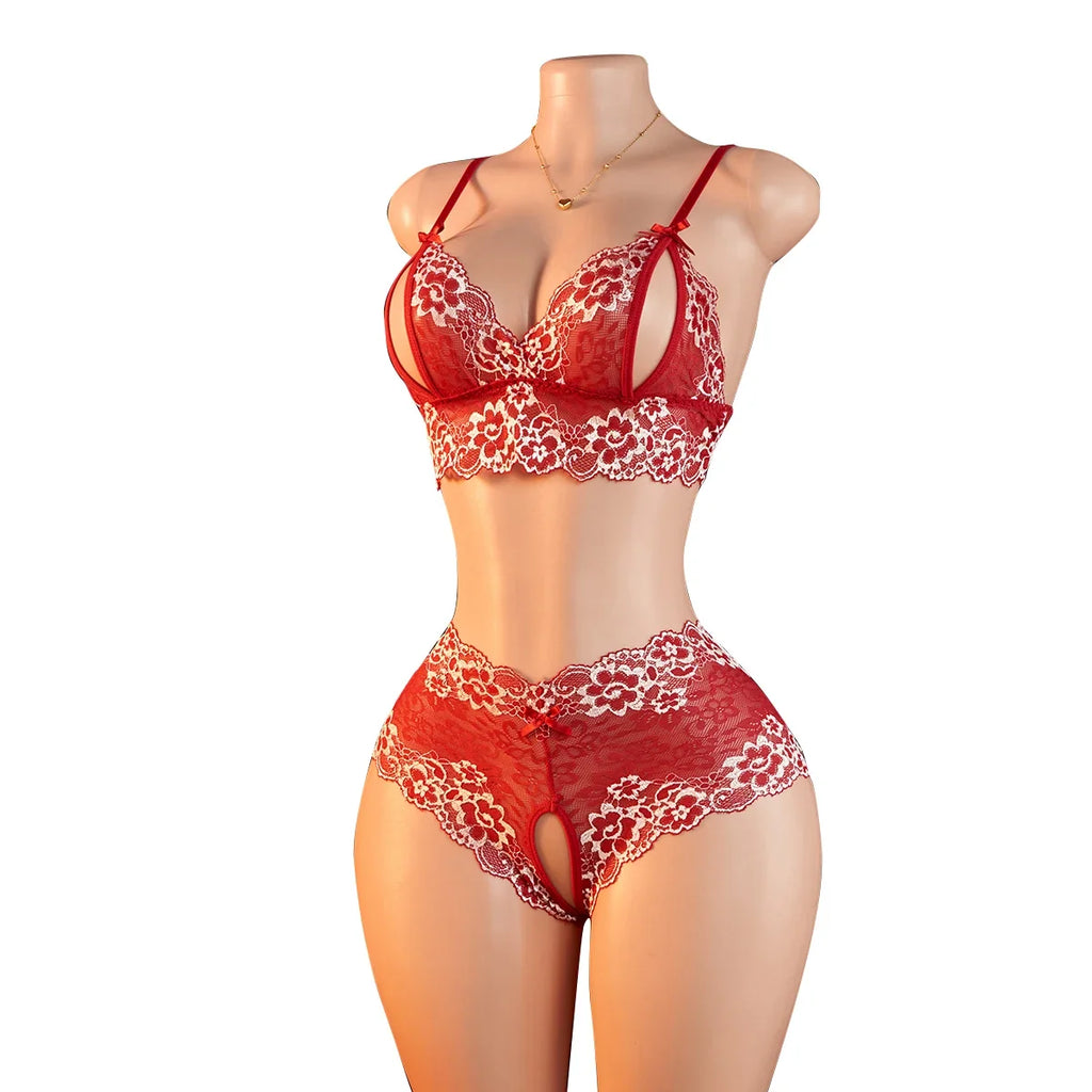 Contrast Color Lace Sexy Lingerie, Semi Transparent Open Chest Bra & Crotchless Pantt Sets, Perfect For Romantic Scenes Outfits