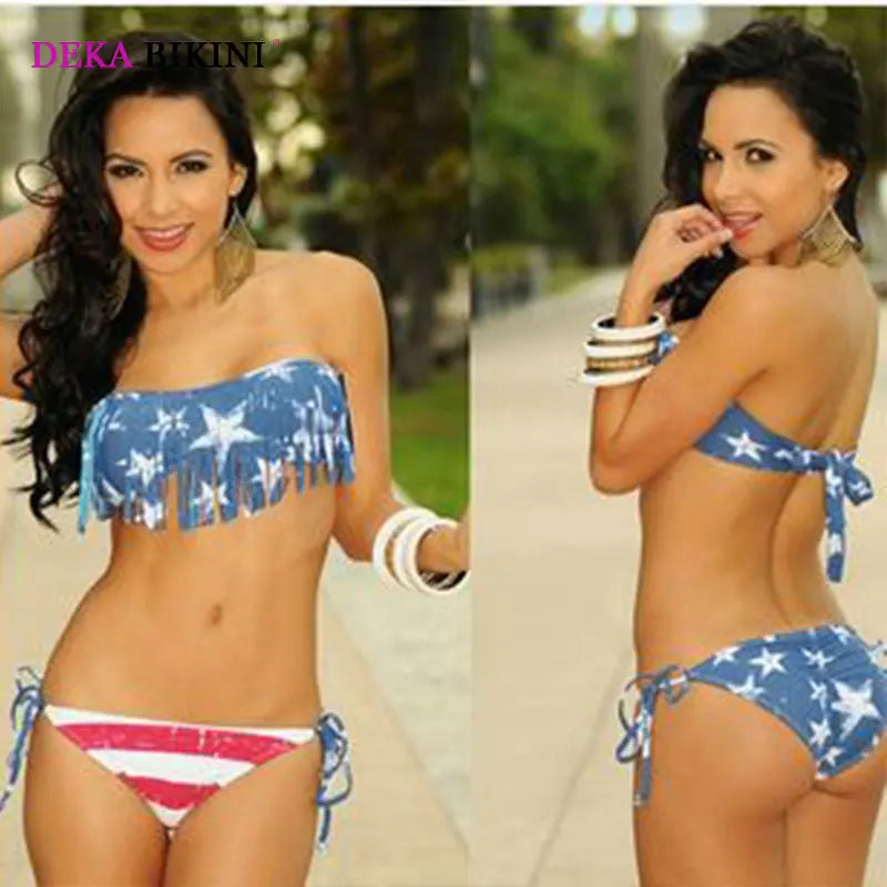 DEKA Sexy Women Tassel Bikini Set Brazilian Striped Swimsuit Push Up Padded Bra Bathing Swimwear Beachwear Summer