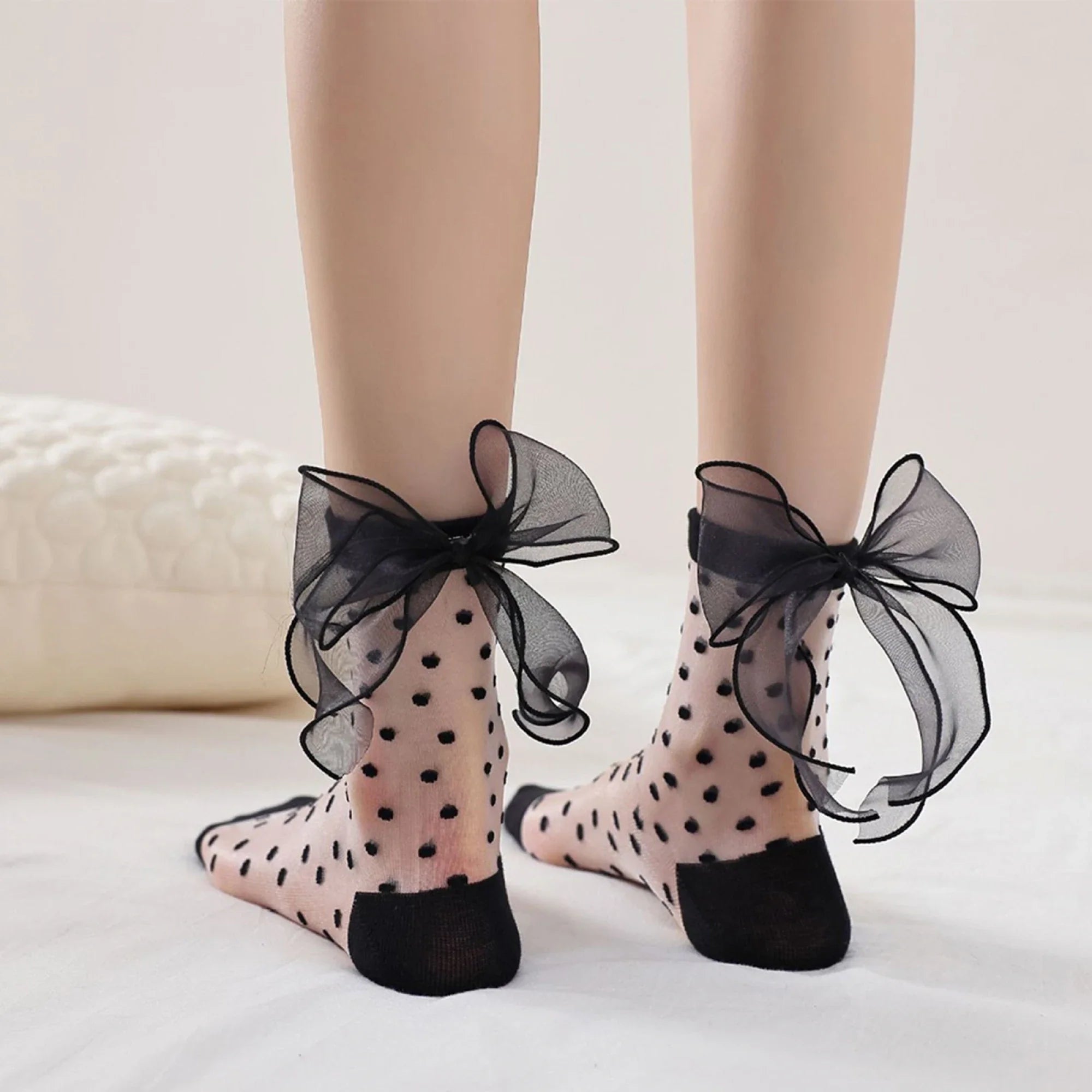Womens Mesh Sheer Socks Breathable Decorative Bow Dots Design Casual Mid Calf Socks for Summer