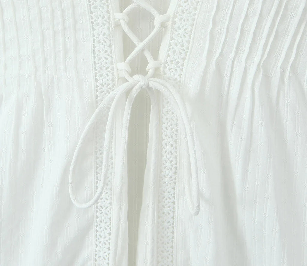 White Lace Dress Summer Women's Dress Bowknot Back Tie Up Short Beach Vestidos Female Sleeveless Mini Casual Cotton Dress 2025