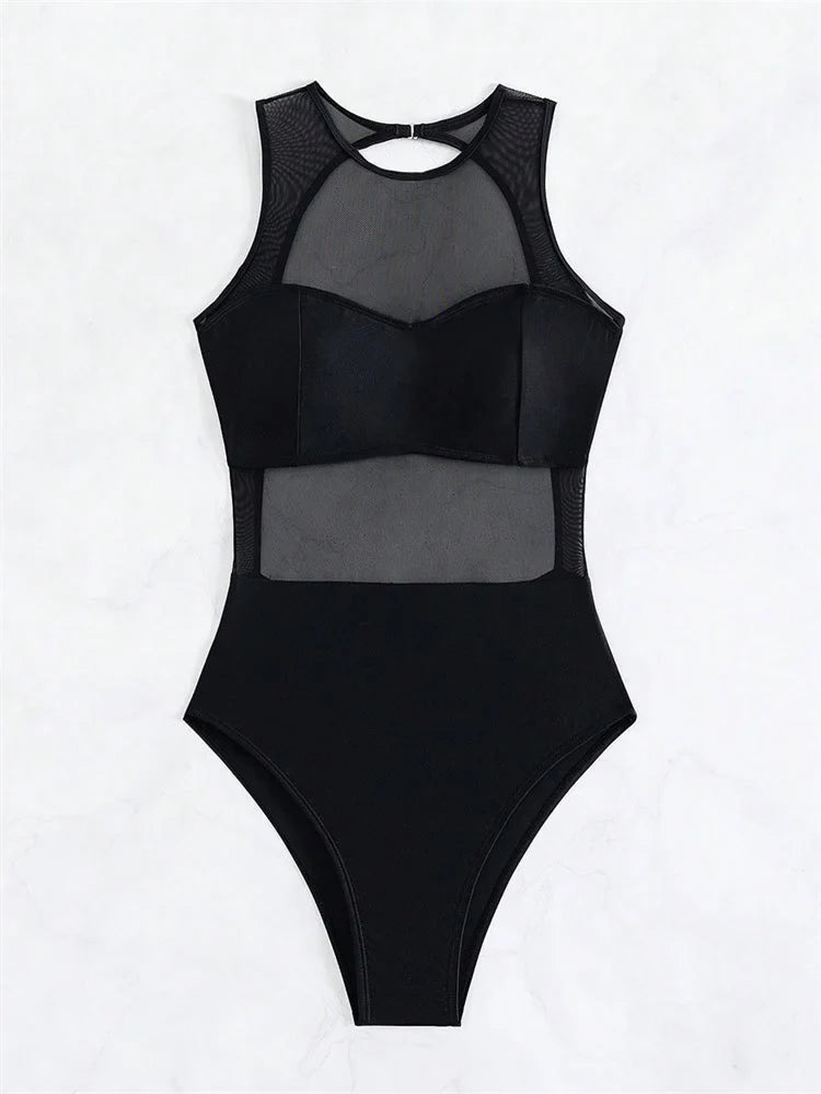 Sexy See Through One Piece Swimsuit 2025 Women Solid Black Mesh Transparent Hollow Out Backless Bathing Suit Swimwear Beachwear