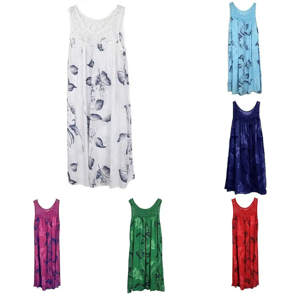 Mini Dress Floral Printed Lace Stitching O-Neck Sleeveless Women Summer Loose Tank Dress