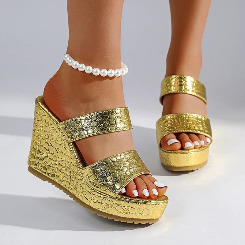 Chunky Wedges Gold Sandals Women Plus Size 42 High Heel Platform Slippers Woman Snake Pattern Pu Leather Summer Sandles Female