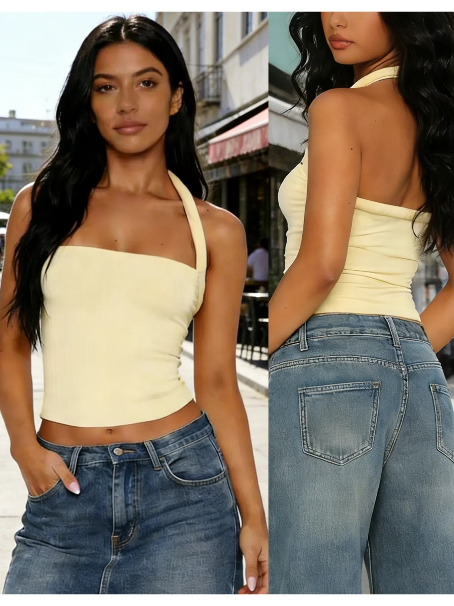 Women Fashion Summer Tank Tops Halter Neck Sleeveless Solid Color/Striped Print Slim Fit Vest