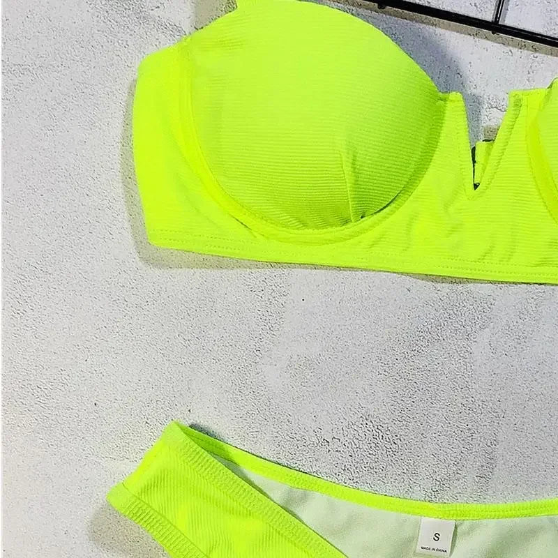 Sexy Ribbed Underwired V-bar Bikini Women Swimsuit Female Swimwear Two-pieces Bikini Set High Cut Bathing Suit Swim Beach Wear