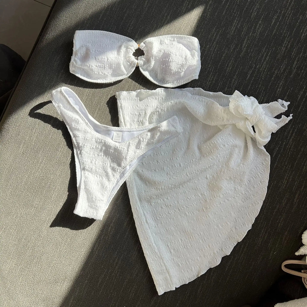 sexy bandeau ring bikinis sets three pieces with cover skirt bathing suit swimwear beach wear thong swimsuits biquini tankini