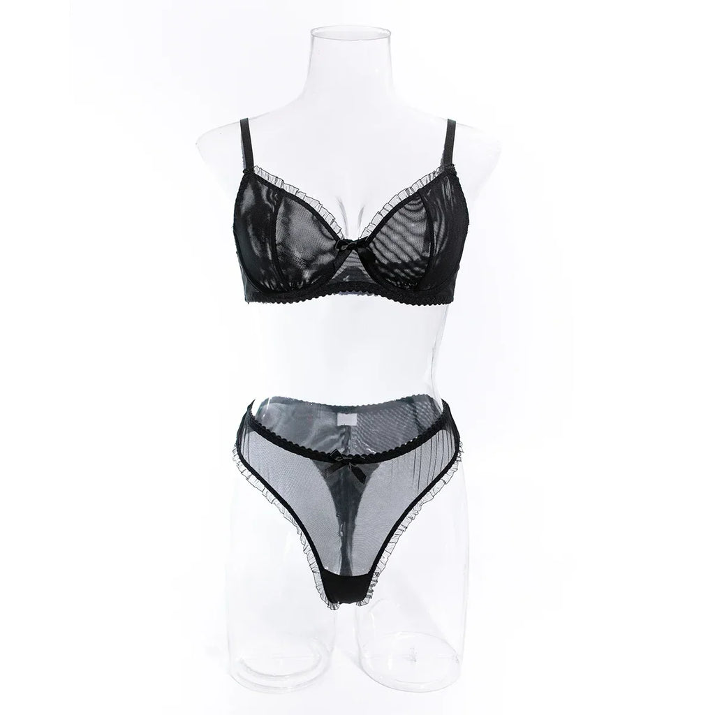 2Pcs Bra & Brief Set for Women Sexy White Ruffle Mesh Perspective Bow Patchwork Bra Bilizna Set Underwear Ultra Thin Intimate
