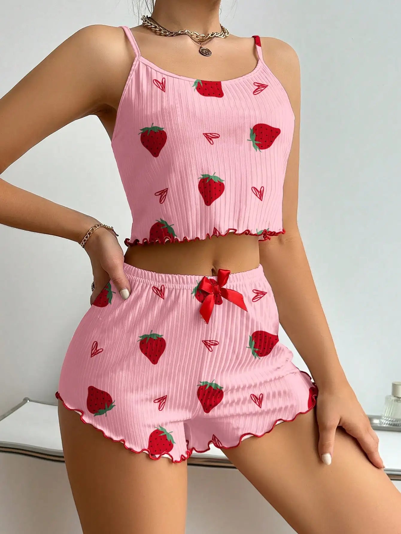 Summer Sleepwear Women's Camisole Strawberry Printing Casual Vest Tops and Shorts  2 Pieces Pajamas Set Loungewear