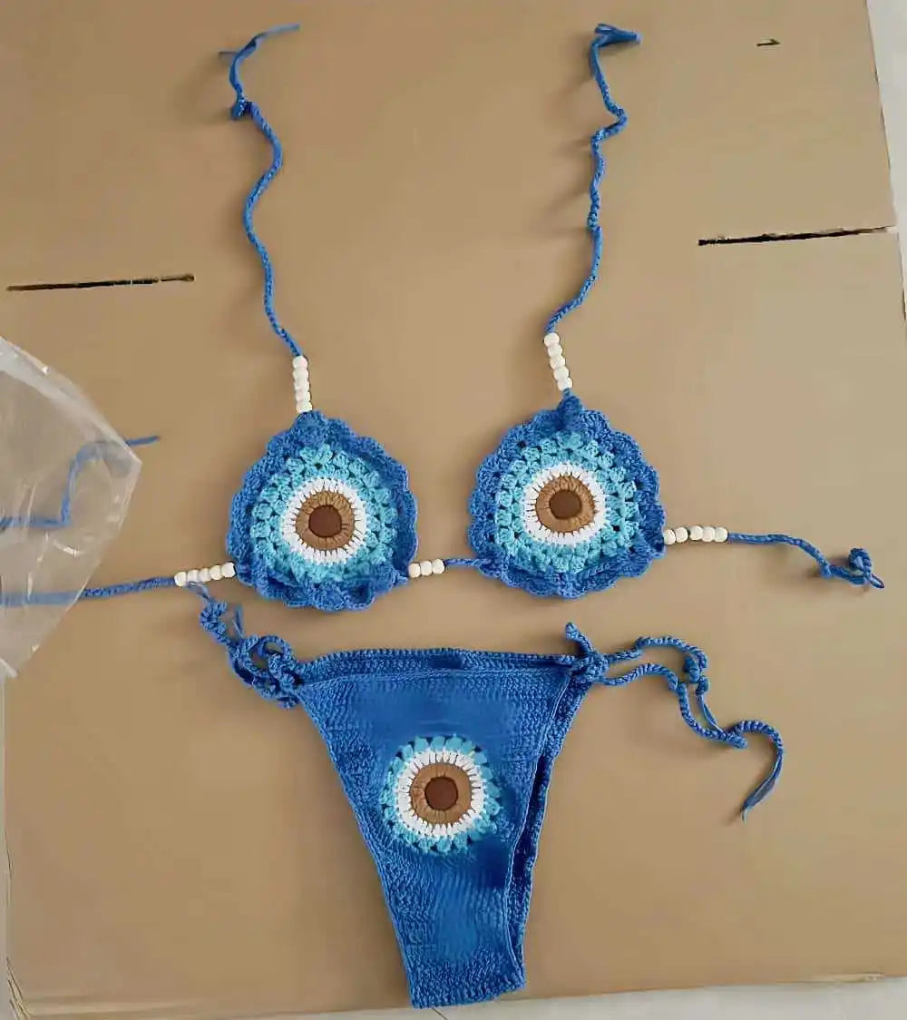 Sexy Hand Woven Bikini 2026 Mujer Women Green Patchwork Bead String Strap Micro Swimsuit Beach Bathing Suit Knitted Swimwear