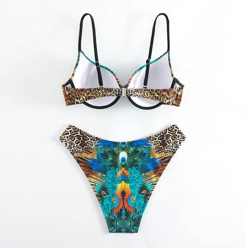 Peacock Leopard Printed Underwired Bra Cup Bikini Women Swimwear Female Swimsuit Two-pieces Bikini Set Push Up Bathing Suit Swim