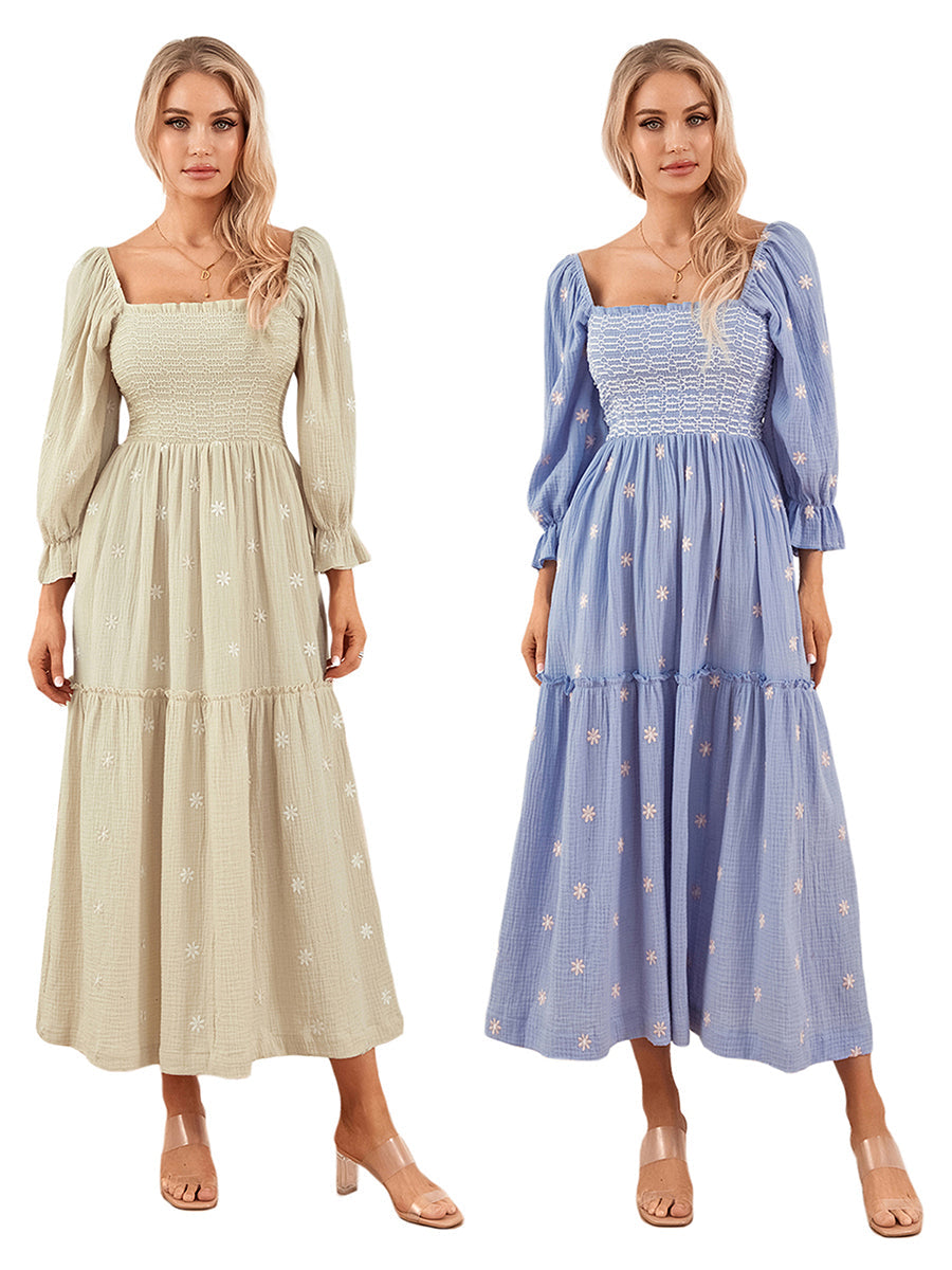 Women Spring Fall Long Dress Long Sleeve Dress Square Neck Embroidery Flower Loose Swing Dress Wit Pocket