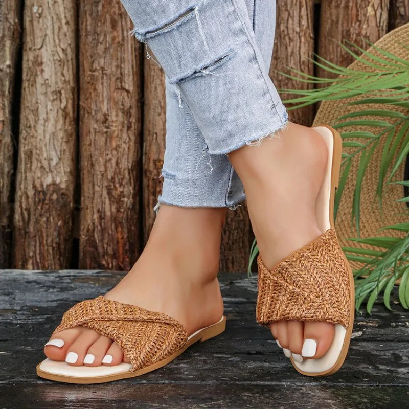 Women Open Toe Weave Slippers Ladies Outdoor Soft Sole  Flats 2026 New Summer