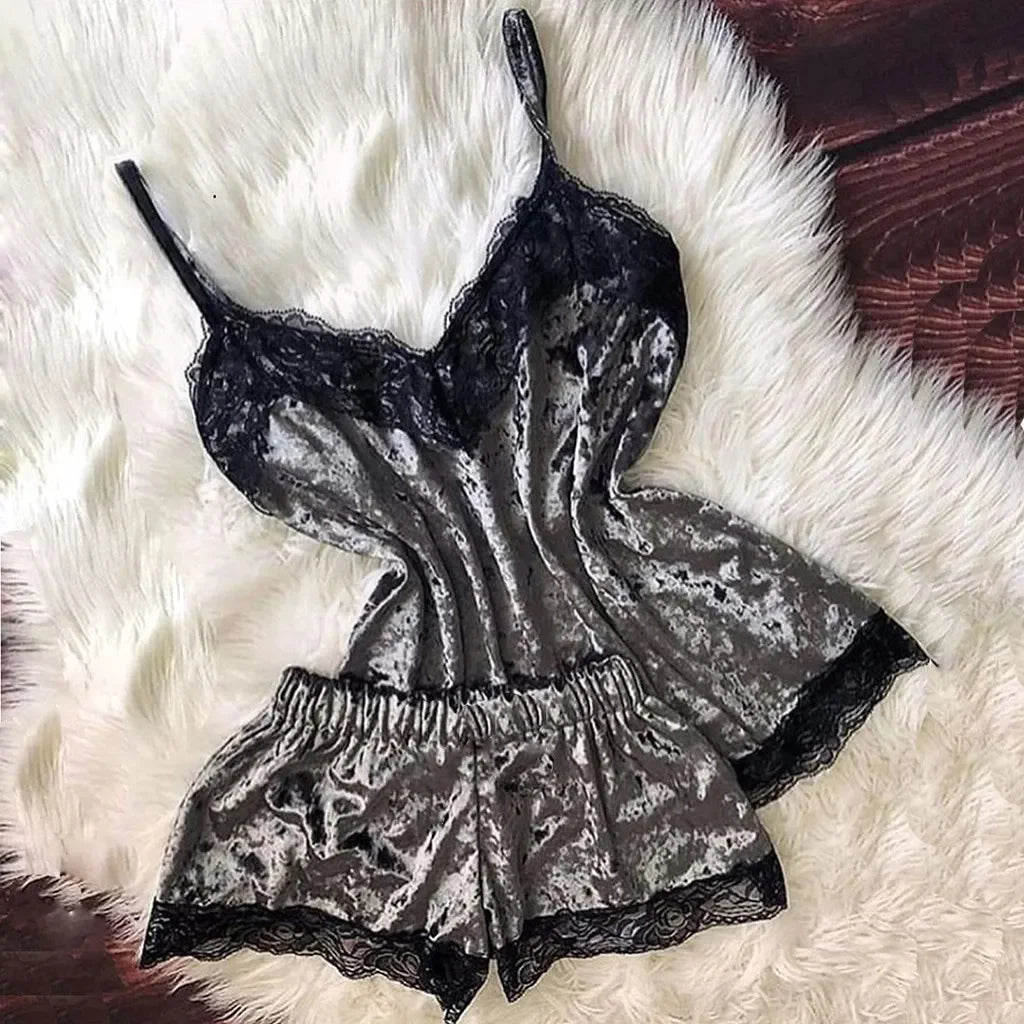 Summer Lace Sleepwear Sexy Satin Pajamas Set Women Nightshirt 2 Pieces Crop Tops and Shorts Set Homewear Loungewear