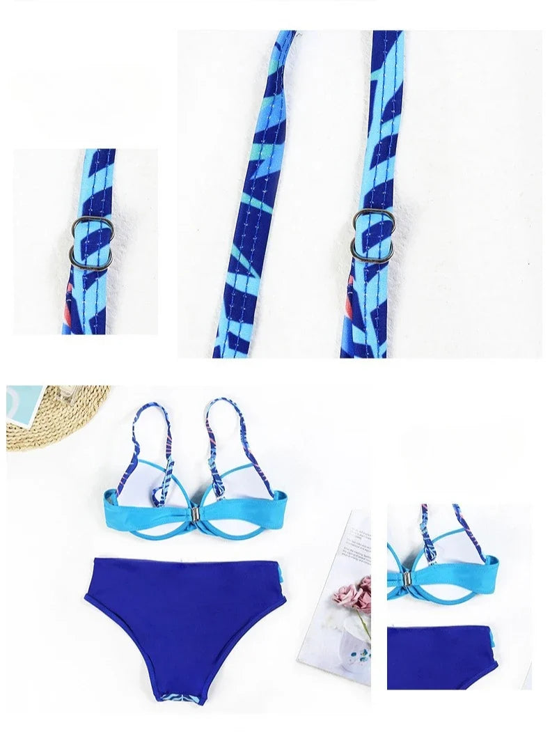 4 Colors Sexy Bikini Women Push Up Swimwear Swimsuit Leaf Print Patchwork Bikinis Set Bathing Suit Beach Bikini Female Biquinis
