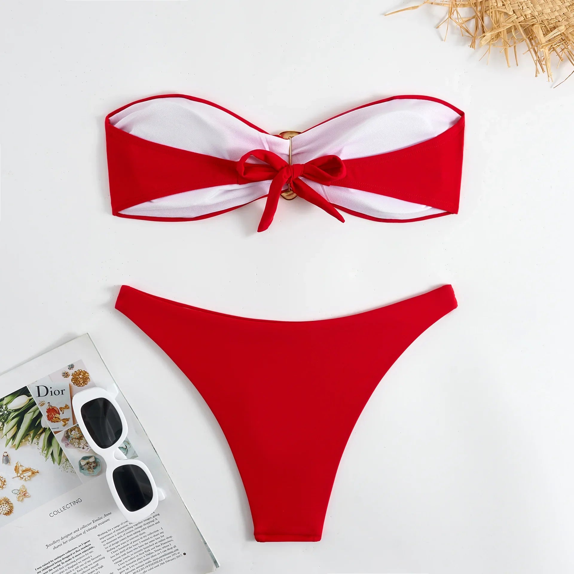 sexy solid black and red bandeau bikinis sets two pieces metal high waist thong swimsuit bathing suit swimwear biquini bakini